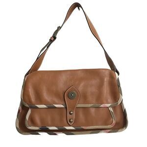 Burberry Brown Leather Shoulder Bag Nova Check Fabric Trim Tote Bag